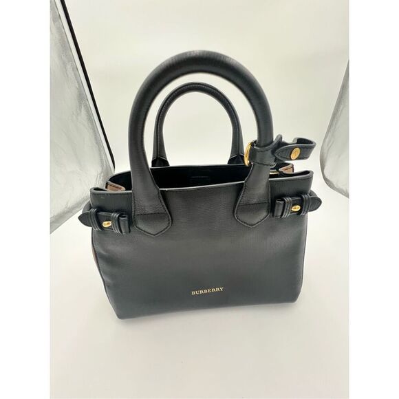 Burberry Banner Tote Iconic House Check Derby Shoulder Bag Black Leather - Picture 12 of 16